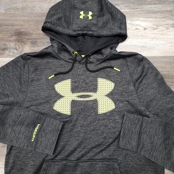 Under Armour UA Heather Gray Neon Green Mens M Logo Loose Fleece‎ Storm Hoodie - Picture 1 of 9